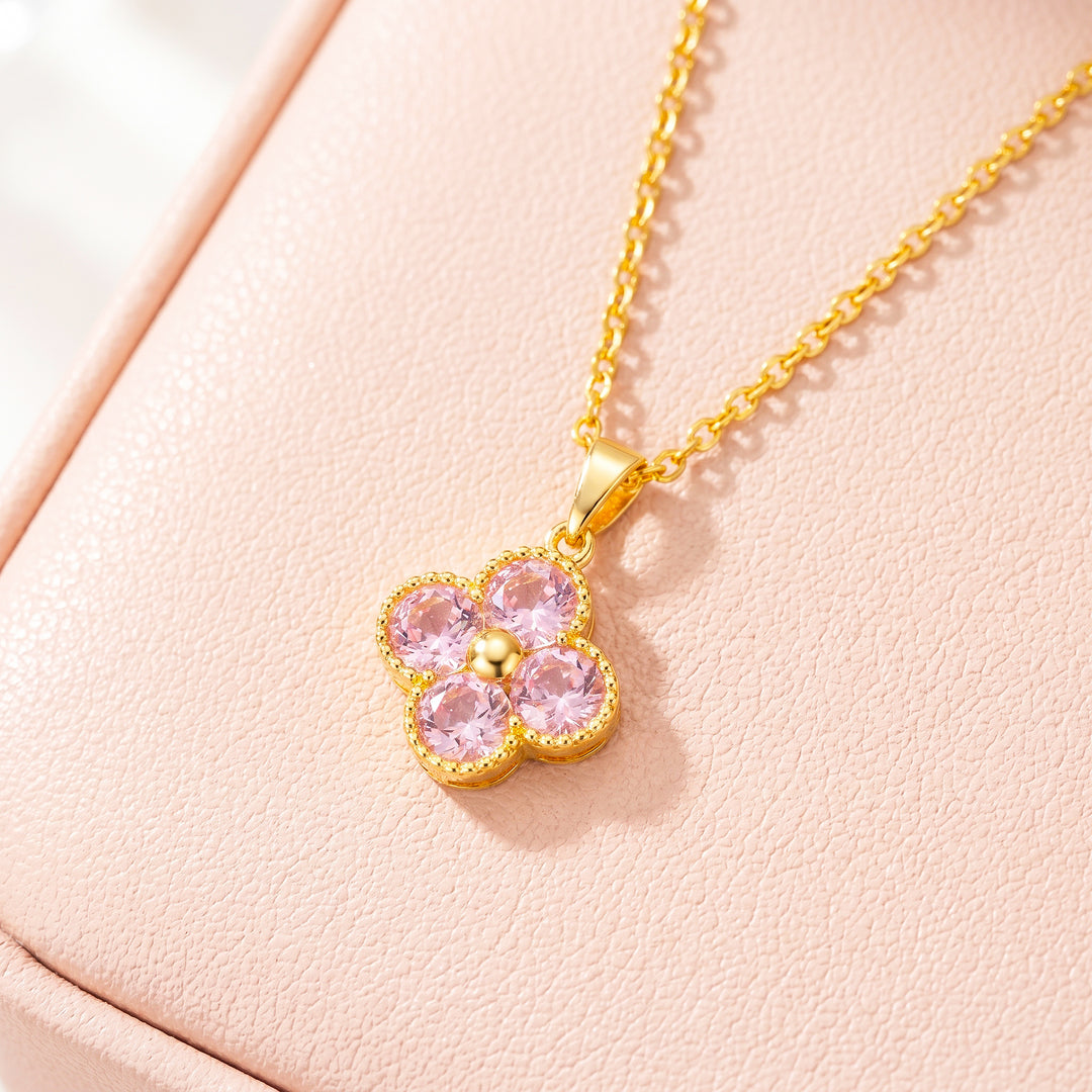Pink Clover Floral Crystal Pendant Necklace | Gold | Luxe4538