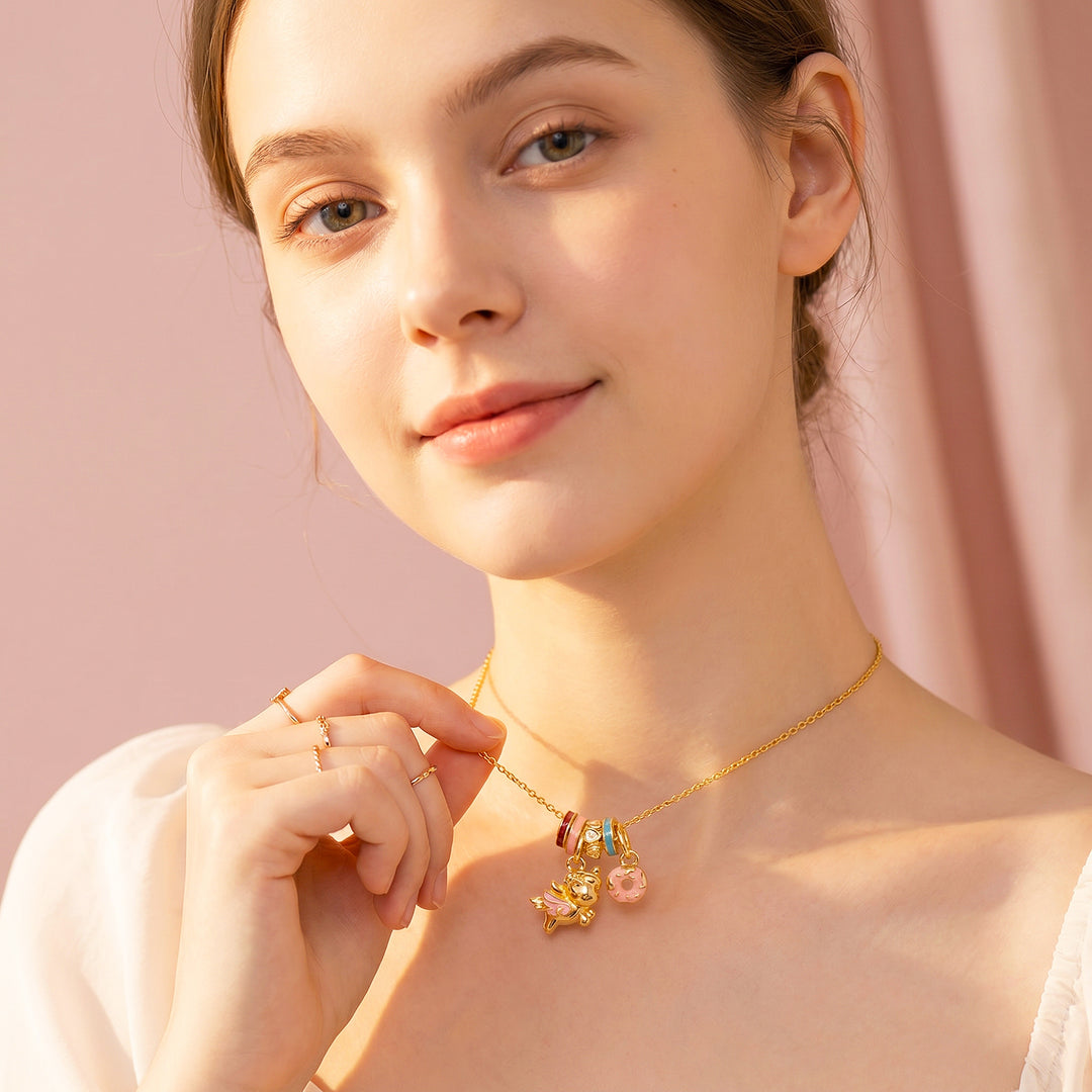 Enamel Flying Unicorn Donut Charm Pendant Necklace | Gold | Luxe4544