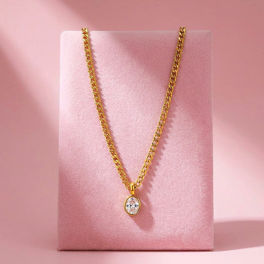 Oval Bezel Solitaire Cuban Chain Necklace | Luxe4558