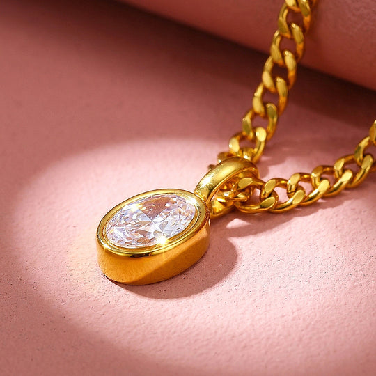 Oval Bezel Solitaire Cuban Chain Necklace | Luxe4558