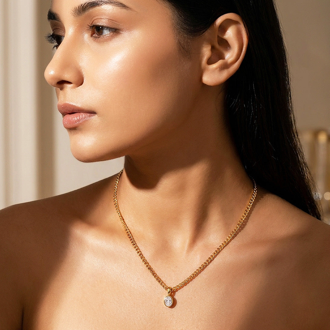 Oval Bezel Solitaire Cuban Chain Necklace | Luxe4558