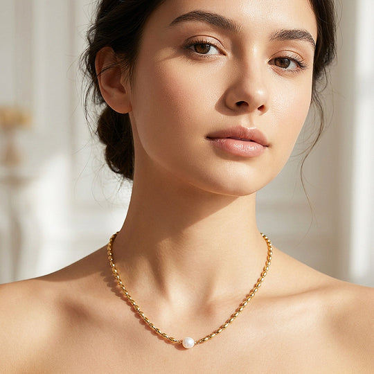 Gold Bead Chain Pearl Necklace | Luxe4561