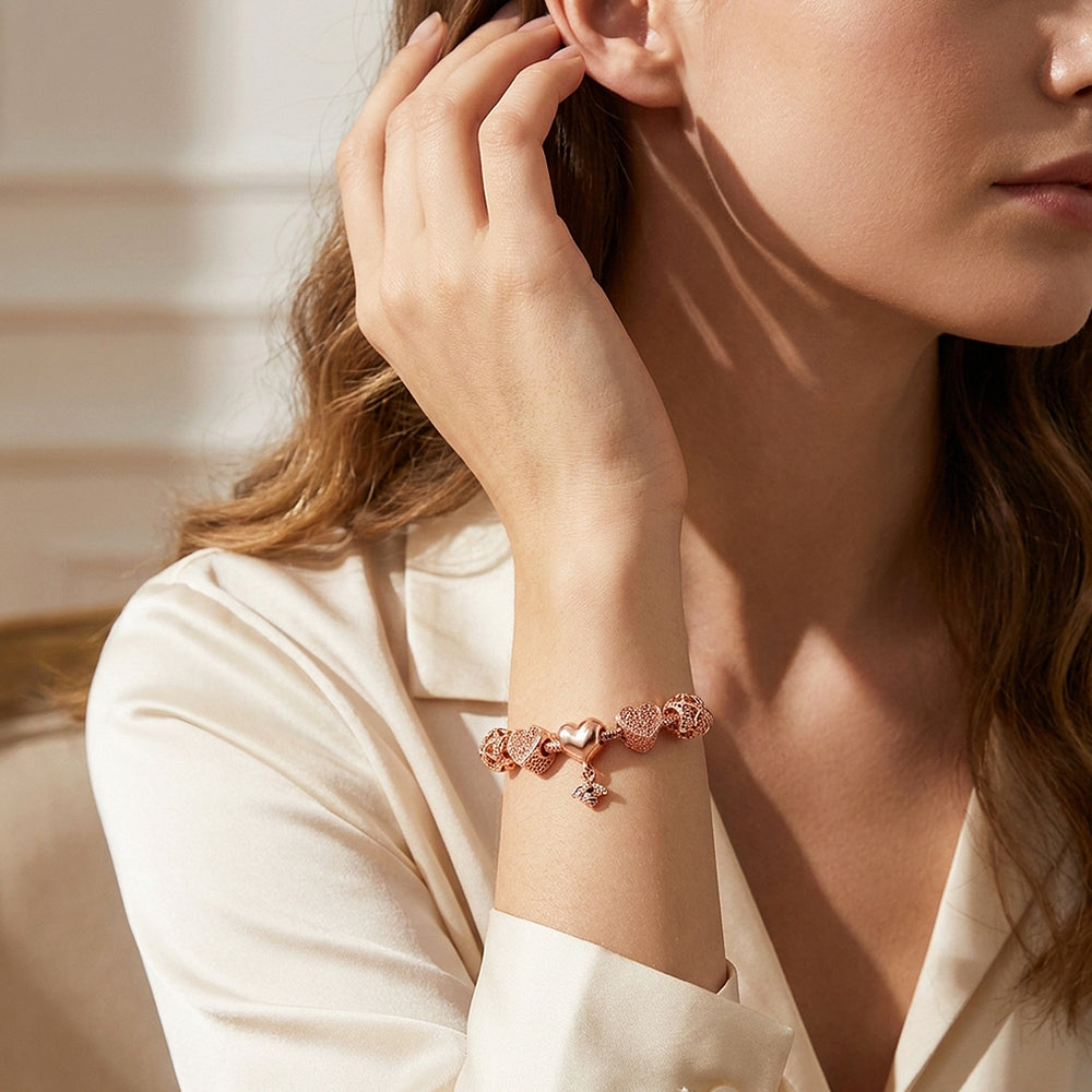 Heart & Bee Charm Bracelet | Diamond Simulant | Luxe6080