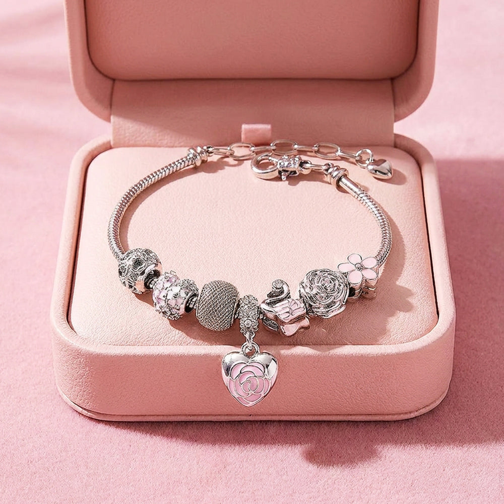 Rose Heart & Swan Charm Bracelet | Diamond Simulant | Luxe6082