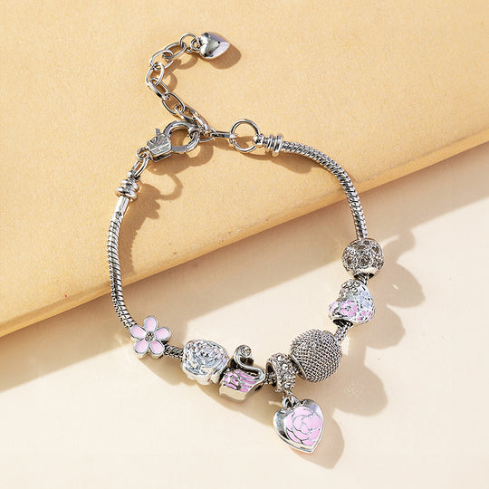 Luxe6082 - Rose Heart & Swan Charm Bracelet