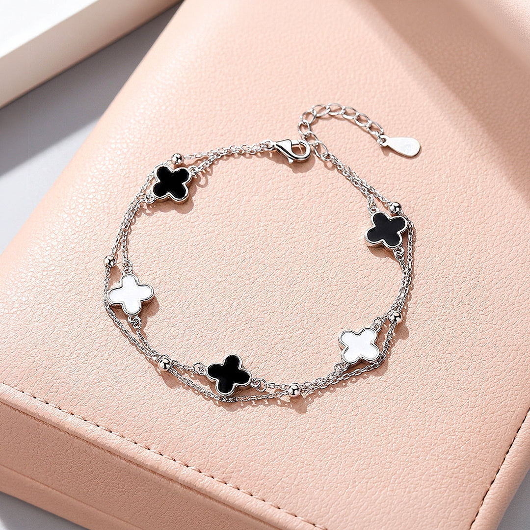 Black and White Clover Double-Strand Bracelet | Women&