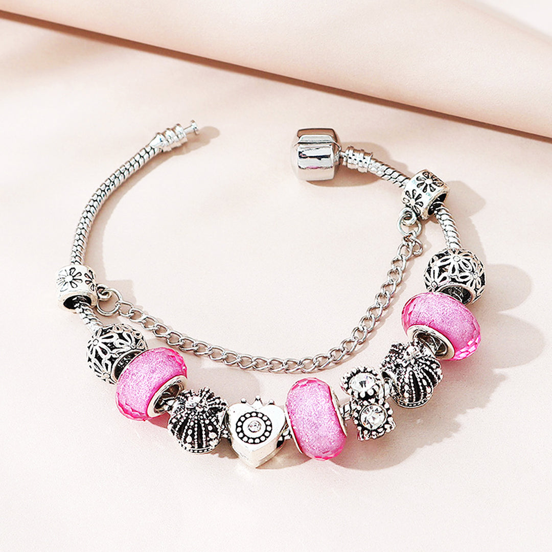 Luxe6222 - Vintage Heart with Pink Beads Charm Bracelet