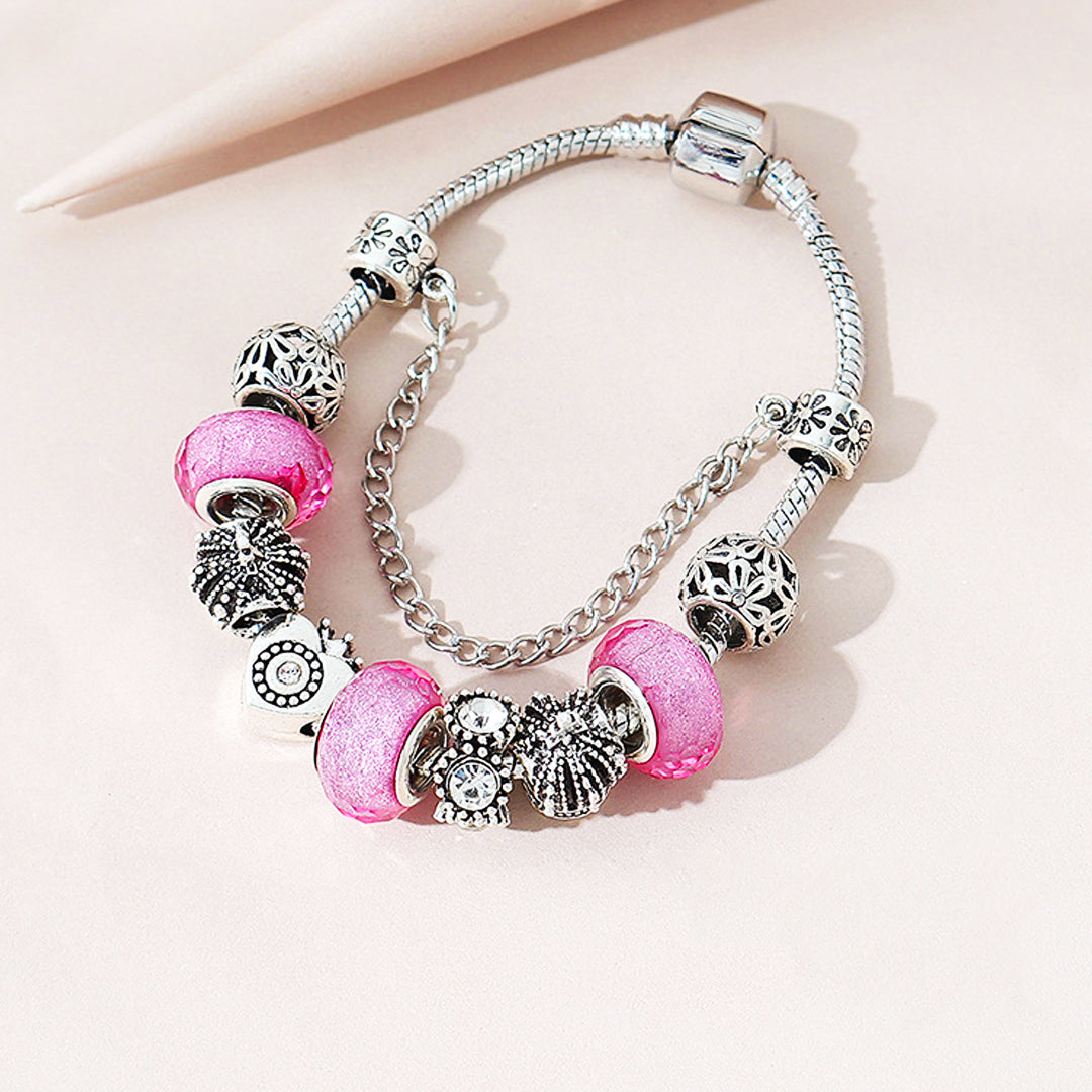 Luxe6222 - Vintage Heart with Pink Beads Charm Bracelet