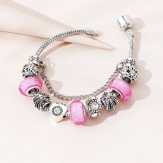 Luxe6222 - Vintage Heart with Pink Beads Charm Bracelet