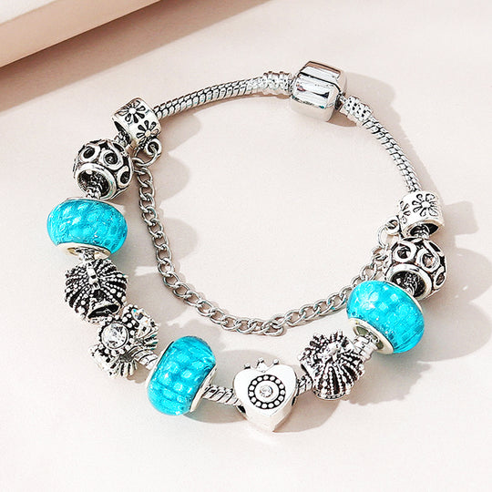 Luxe6223 - Vintage Heart with Blue Beads Charm Bracelet