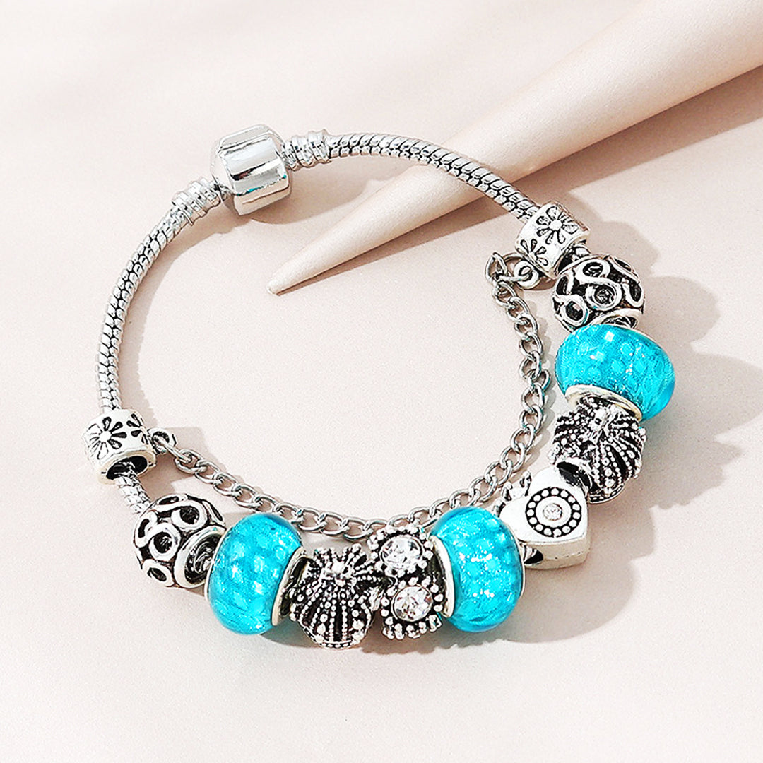 Luxe6223 - Vintage Heart with Blue Beads Charm Bracelet