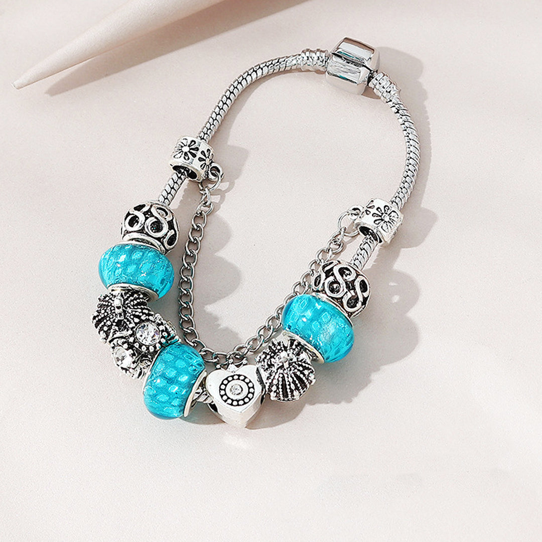 Luxe6223 - Vintage Heart with Blue Beads Charm Bracelet