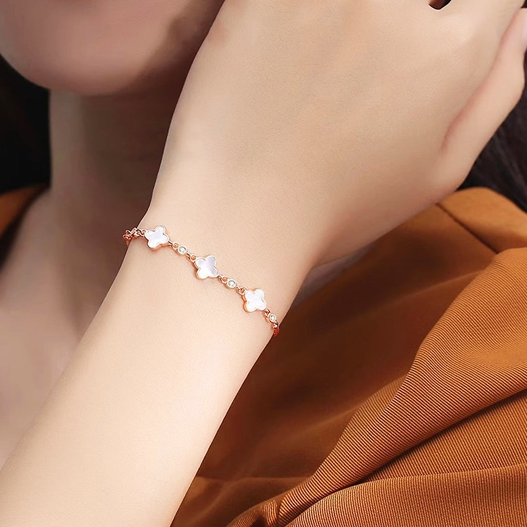 Mother of Pearl Clover Bracelet | Diamond Simulant | Luxe6446 - bangle | Singapore Jewellery, Wedding Rings & Gifts | Same Day Delivery | Tiara.com.sg