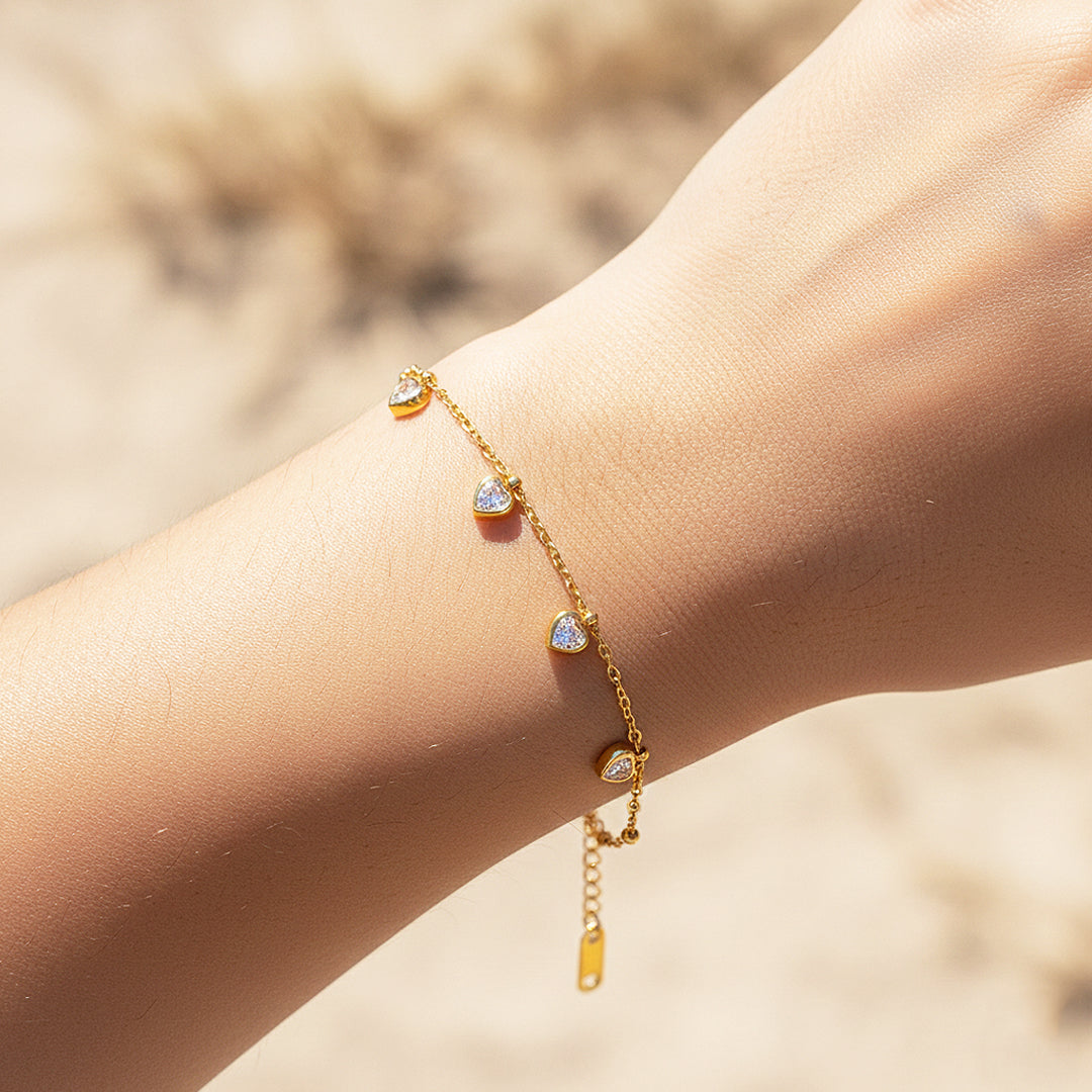 Five-Heart Dangle Bracelet | 18K Gold | Diamond Simulant | Luxe6517 - Bracelet | Singapore Jewellery, Wedding Rings & Gifts | Same Day Delivery | Tiara.com.sg