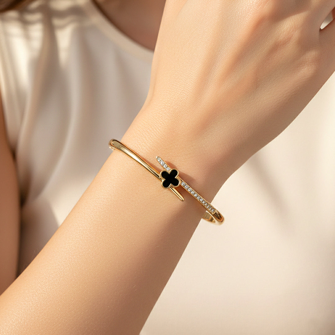 Bypass Onyx Clover Bangle | High-Brilliance Diamond Simulant | Luxe6521 - Bracelet | Singapore Jewellery, Wedding Rings & Gifts | Same Day Delivery | Tiara.com.sg