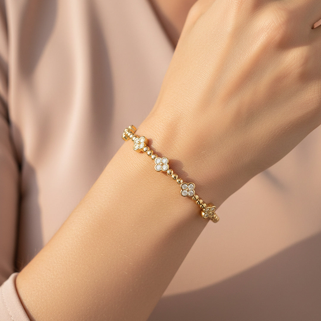 Beaded Clover Station Bangle | High-Brilliance Diamond Simulant | Luxe6523 - Bracelet | Singapore Jewellery, Wedding Rings & Gifts | Same Day Delivery | Tiara.com.sg