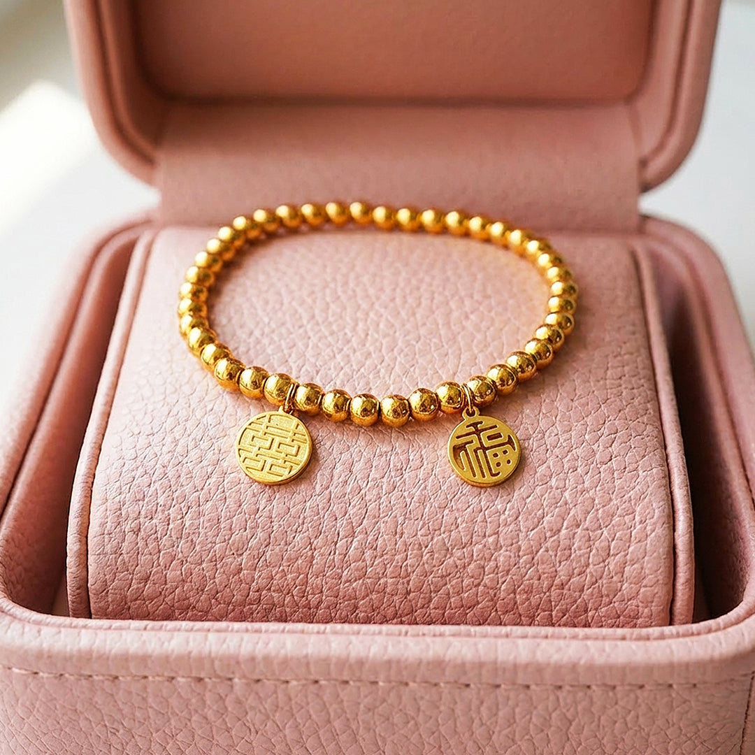 Double Fortune Xi &amp; Fu Beaded Bracelet | 18K Gold | Luxe6530