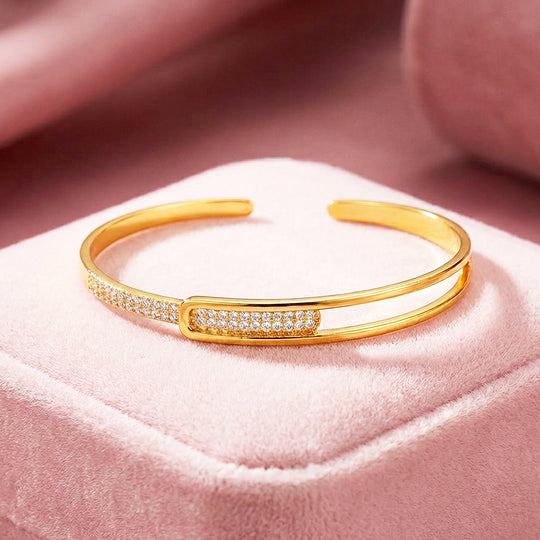 Pavé Double-Rail Gold Cuff Bangle Bracelet | Luxe6544 - bangle | Singapore Jewellery, Wedding Rings &amp; Gifts | Same Day Delivery | Tiara.com.sg