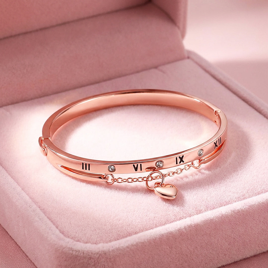 Roman Numeral Rose Gold Bangle Bracelet & Heart Charm | Luxe6548 - bangle | Singapore Jewellery, Wedding Rings & Gifts | Same Day Delivery | Tiara.com.sg