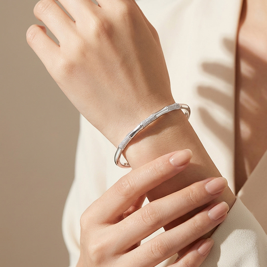 Dual-Texture Bamboo Silver Cuff Bangle Bracelet | Luxe6553 - bangle | Singapore Jewellery, Wedding Rings &amp; Gifts | Same Day Delivery | Tiara.com.sg