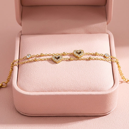 Dainty Gold Double Layer Heart Charm Bracelet | Luxe6569