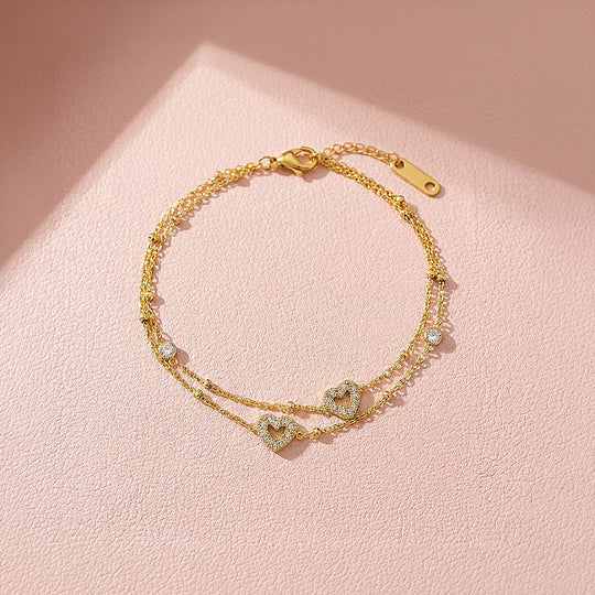Dainty Gold Double Layer Heart Charm Bracelet | Luxe6569
