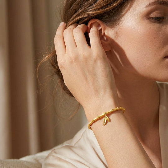 Bamboo Joint Leaf Charm Stretch Bracelet | Luxe6592