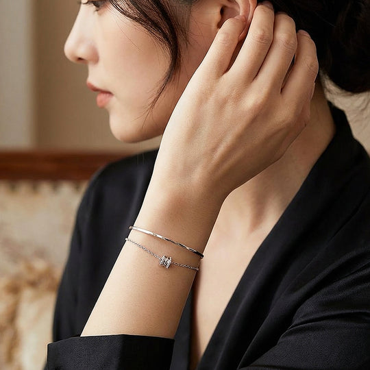 Pavé Barrel Charm Cuff &amp; Chain Layered Bracelet | Luxe6595
