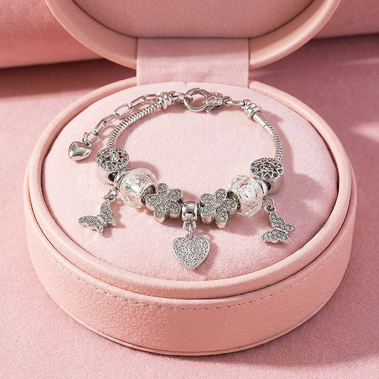 Butterfly &amp; Heart Charm Bracelet | Diamond Simulant | Luxe6623