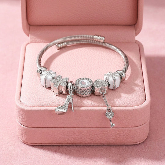 Stiletto &amp; Key Charm Bangle | Diamond Simulant | Luxe6630