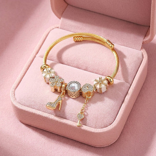 Stiletto &amp; Key Charm Bangle | Diamond Simulant | Luxe6630
