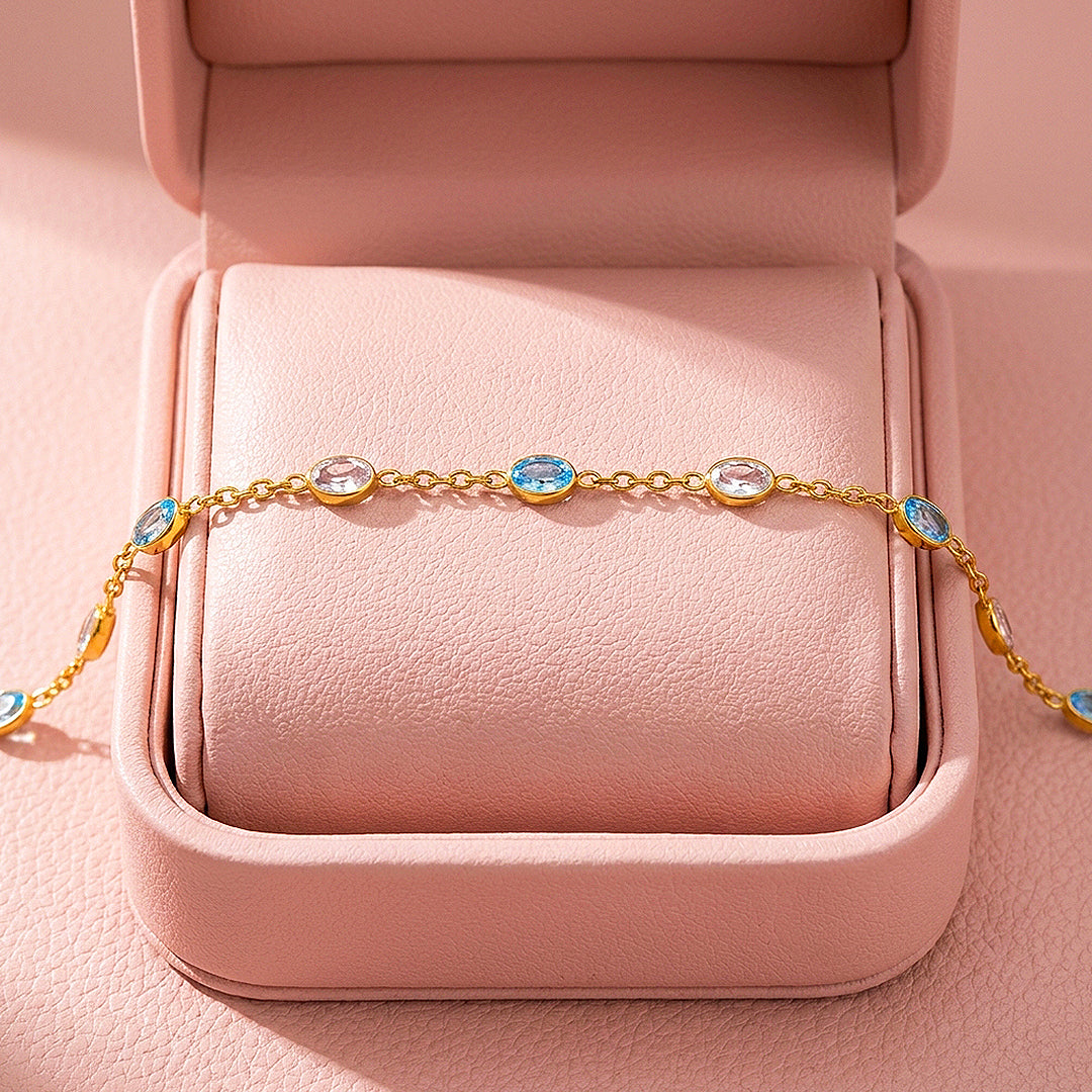 Aqua &amp; Crystal Oval Chain Bracelet | Diamond Simulant | Luxe6640