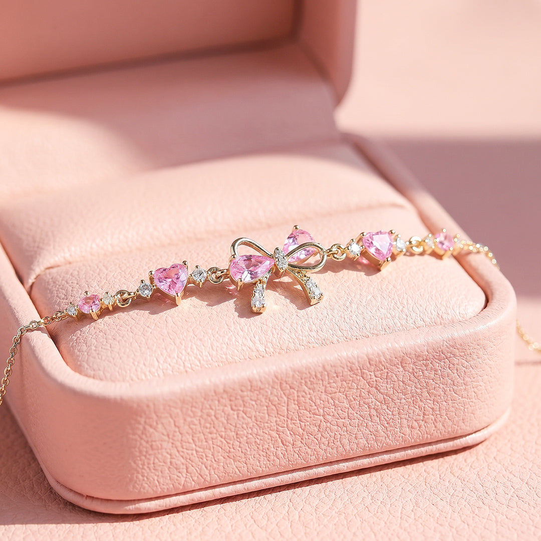 Pink Bow &amp; Hearts Bracelet | White Gold With Pink Diamond Simulant | Luxe6645
