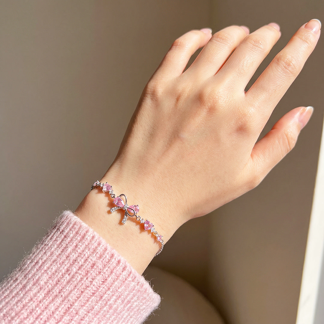 Pink Bow &amp; Hearts Bracelet | White Gold With Pink Diamond Simulant | Luxe6645