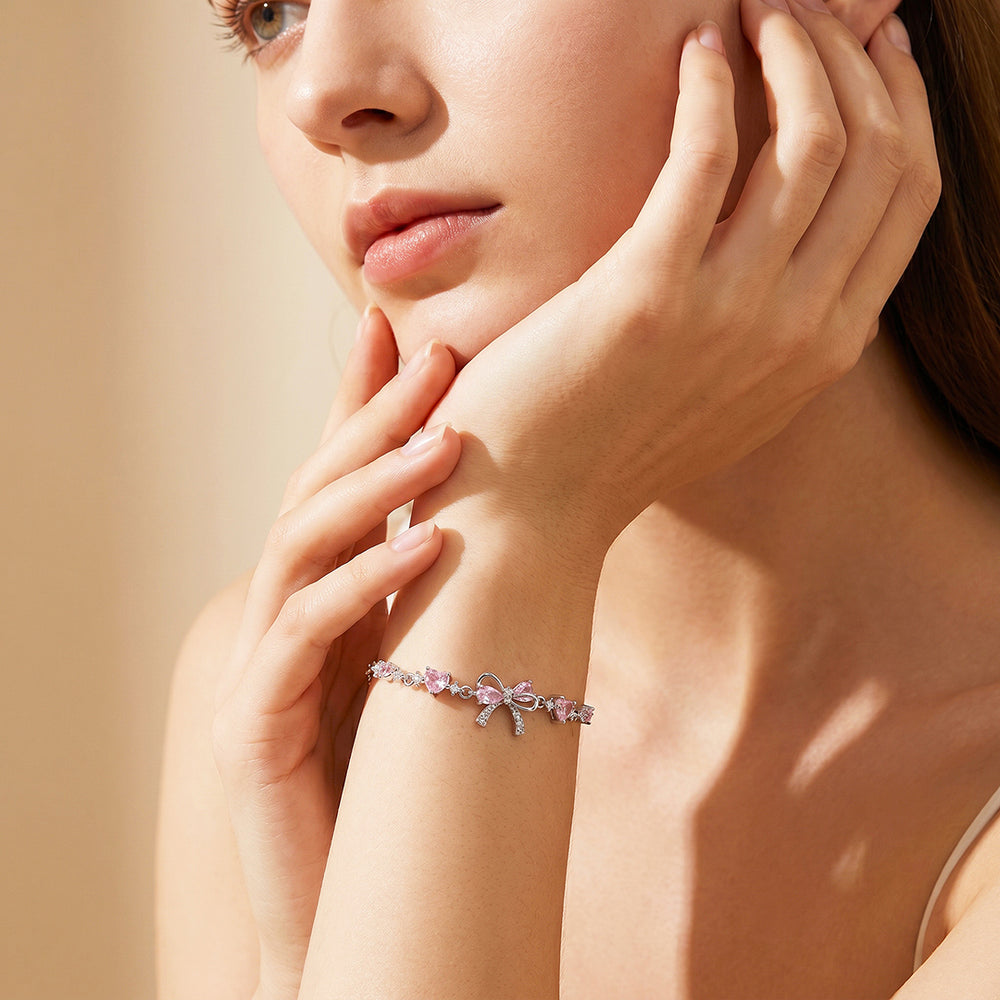 Pink Bow & Hearts Bracelet | White Gold With Pink Diamond Simulant | Luxe6645