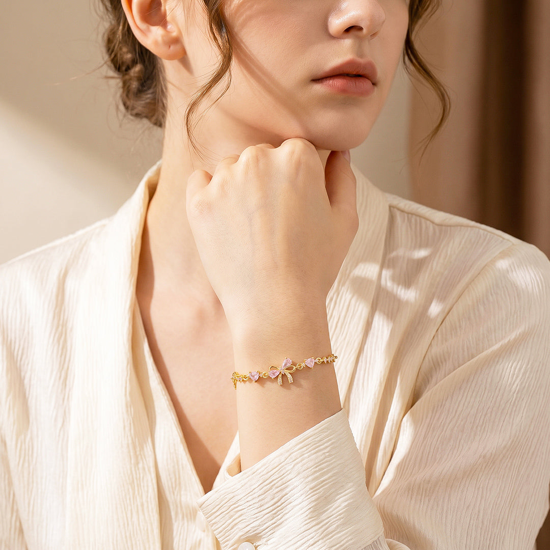 Pink Bow &amp; Hearts Bracelet | Gold With Pink Diamond Simulant | Luxe6647