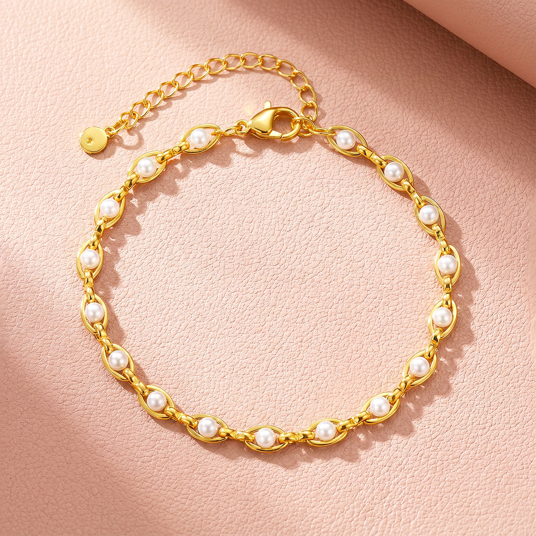 Golden Pearl Link Bracelet | Simulated Pearl | Luxe6663