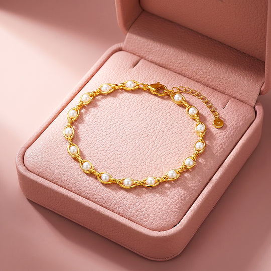 Golden Pearl Link Bracelet | Simulated Pearl | Luxe6663