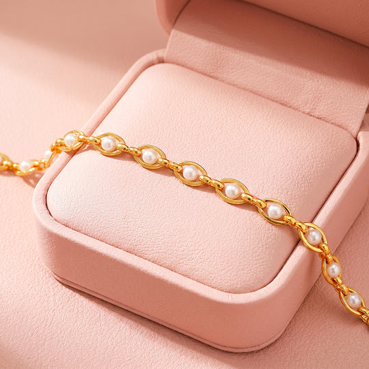 Golden Pearl Link Bracelet | Simulated Pearl | Luxe6663