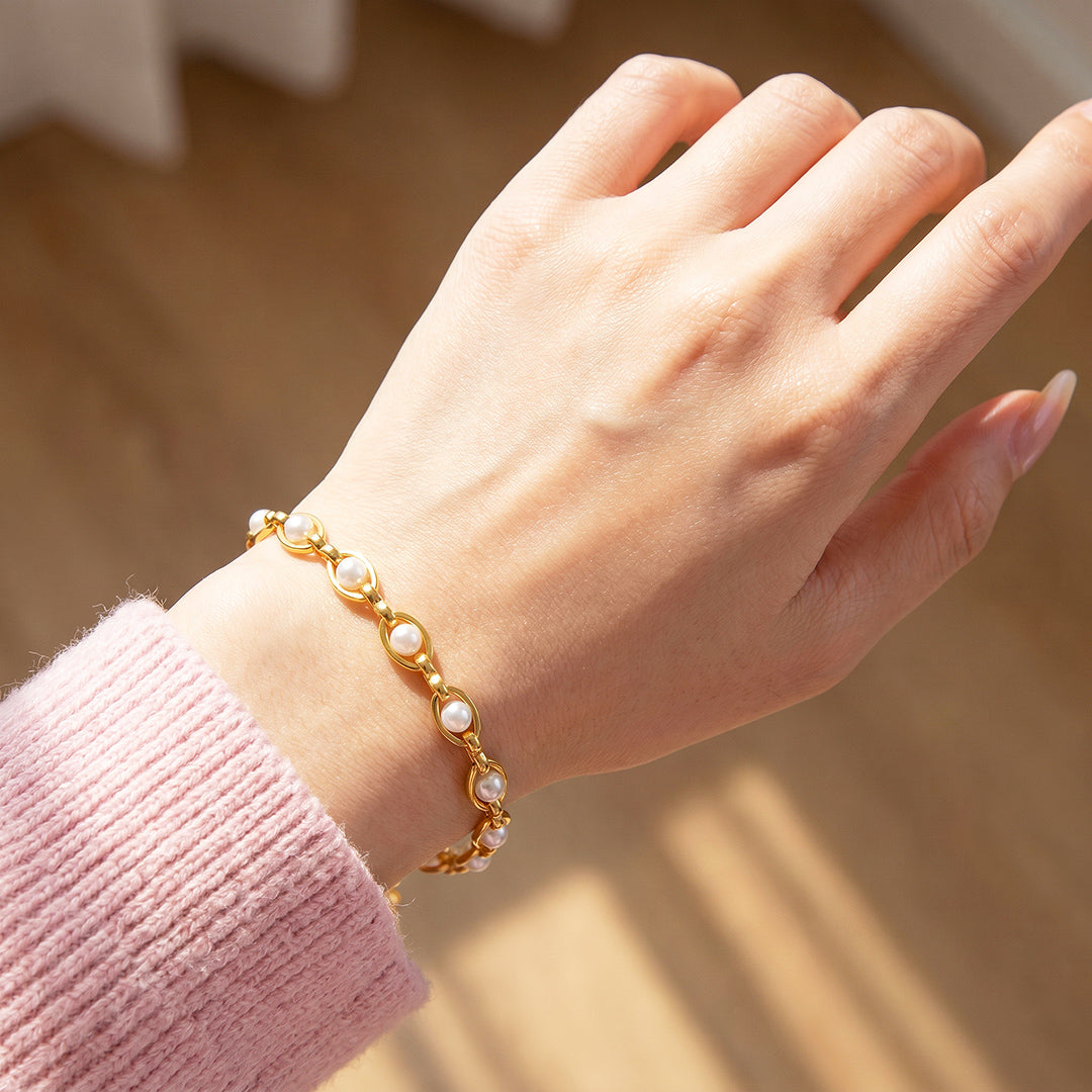 Golden Pearl Link Bracelet | Simulated Pearl | Luxe6663