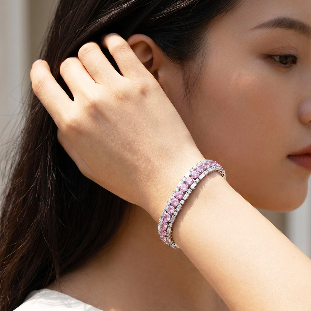 Pink Round & Baguette Tennis Bracelet | Pink & White Diamond Simulant | Luxe6668