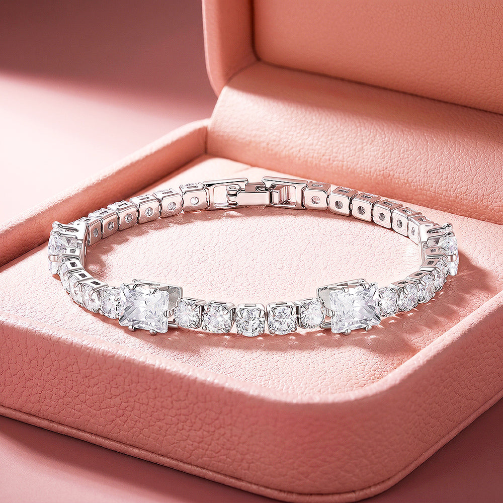 Alternating Princess & Round Tennis Bracelet | White Diamond Simulant | Luxe6671