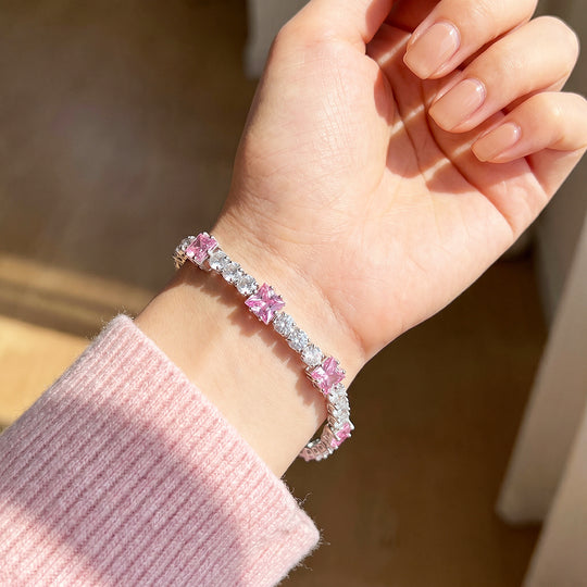 Alternating Pink Princess &amp; Round Tennis Bracelet | Pink &amp; White Diamond Simulant | Luxe6672