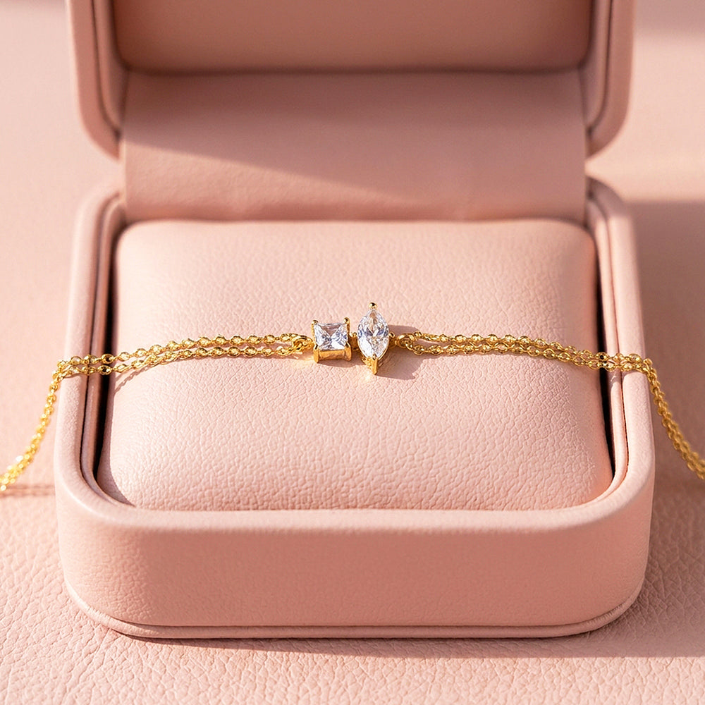 Princess & Marquise Two-Stone Chain Bracelet | Diamond Simulant | Luxe6674