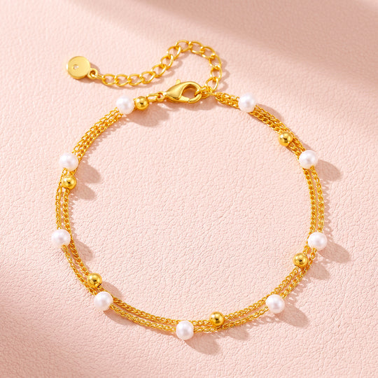 Double-Layer Pearl &amp; Gold Bead Chain Bracelet | Luxe6679