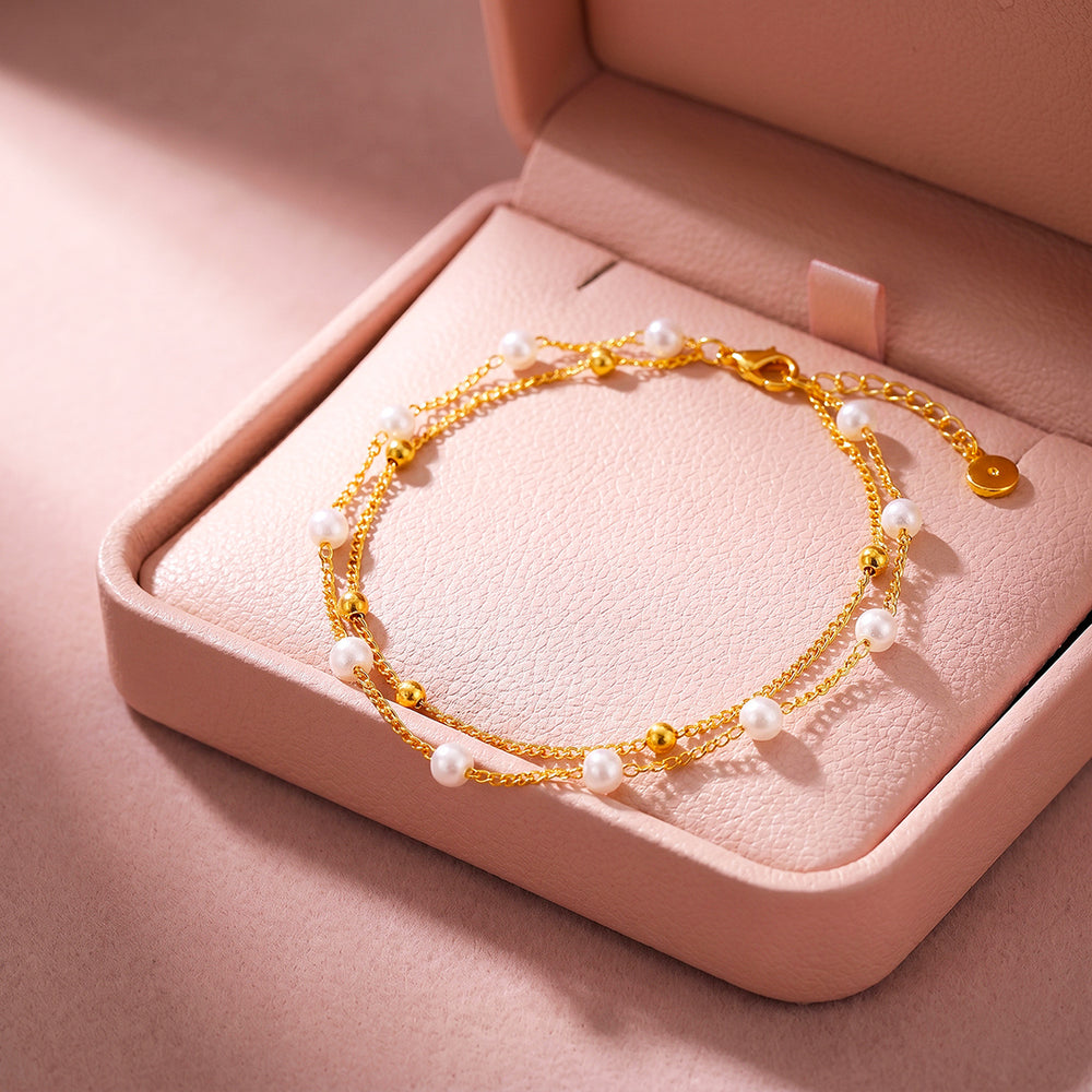 Double-Layer Pearl & Gold Bead Chain Bracelet | Luxe6679