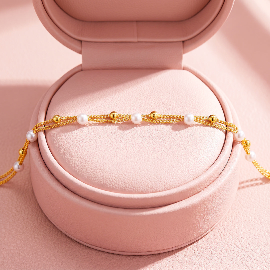 Double-Layer Pearl &amp; Gold Bead Chain Bracelet | Luxe6679