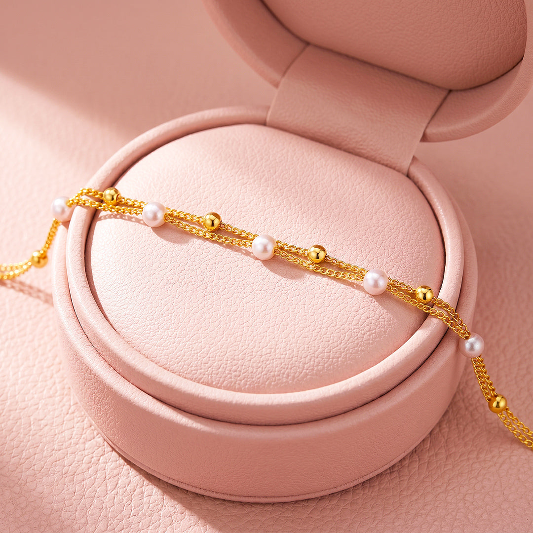 Double-Layer Pearl &amp; Gold Bead Chain Bracelet | Luxe6679