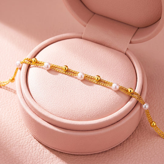 Double-Layer Pearl &amp; Gold Bead Chain Bracelet | Luxe6679