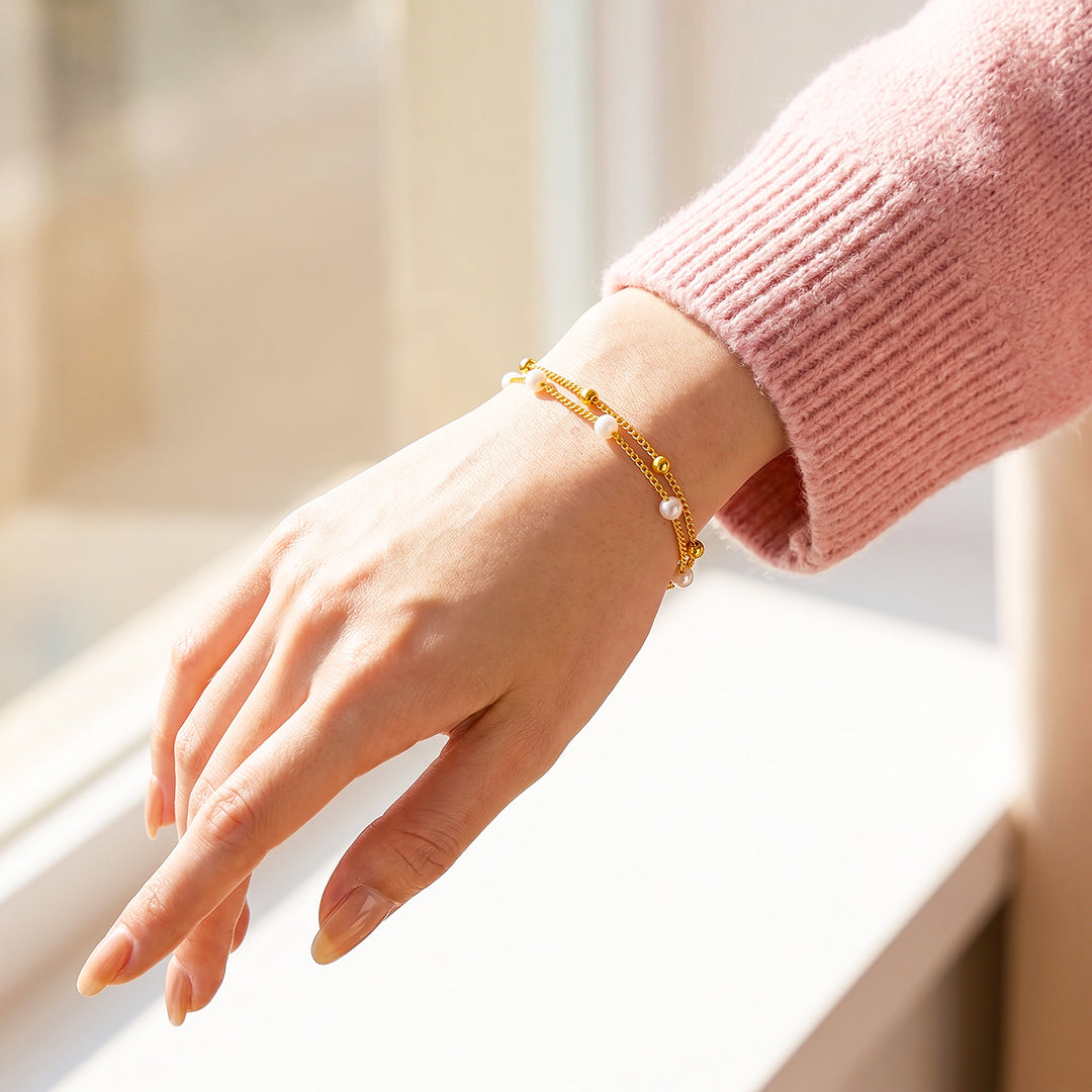 Double-Layer Pearl &amp; Gold Bead Chain Bracelet | Luxe6679